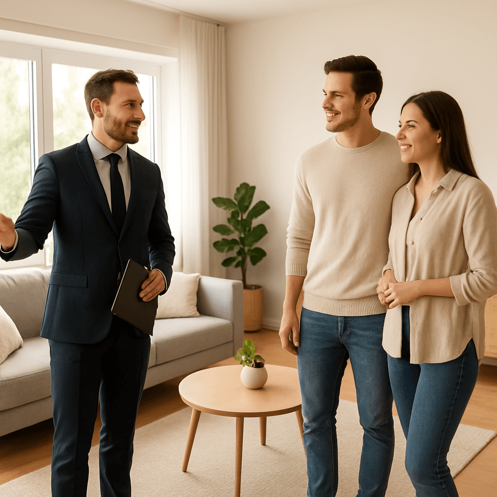 Real estate agent showing clients around a home